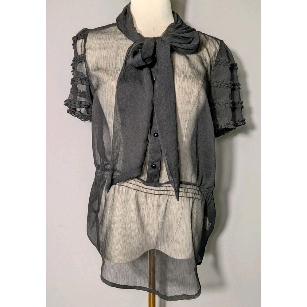 Sheer Black Silk Blend Tie Neck Blouse Top Size L Whimsigoth Romantic Vamp Y2K